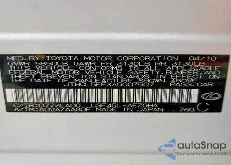 2010 Lexus Ls 460 z USA, uszkodzony, nr VIN JTHCL5EFXA5007507